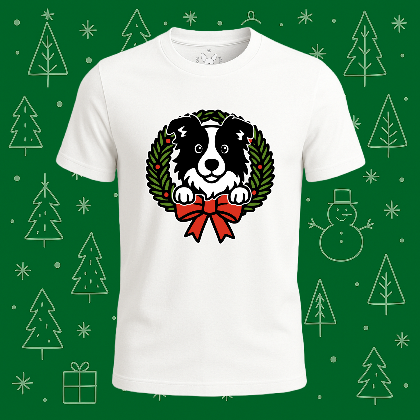 Border Collie Holiday Wreath Tee - Feature Print
