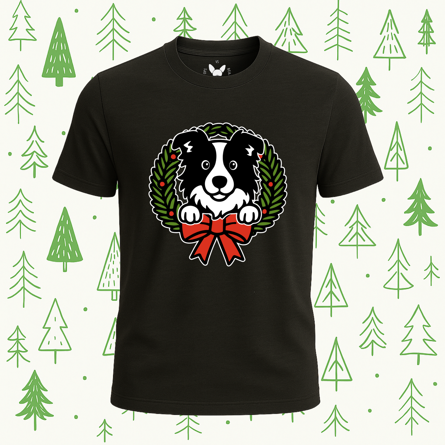 Border Collie Holiday Wreath Tee - Feature Print