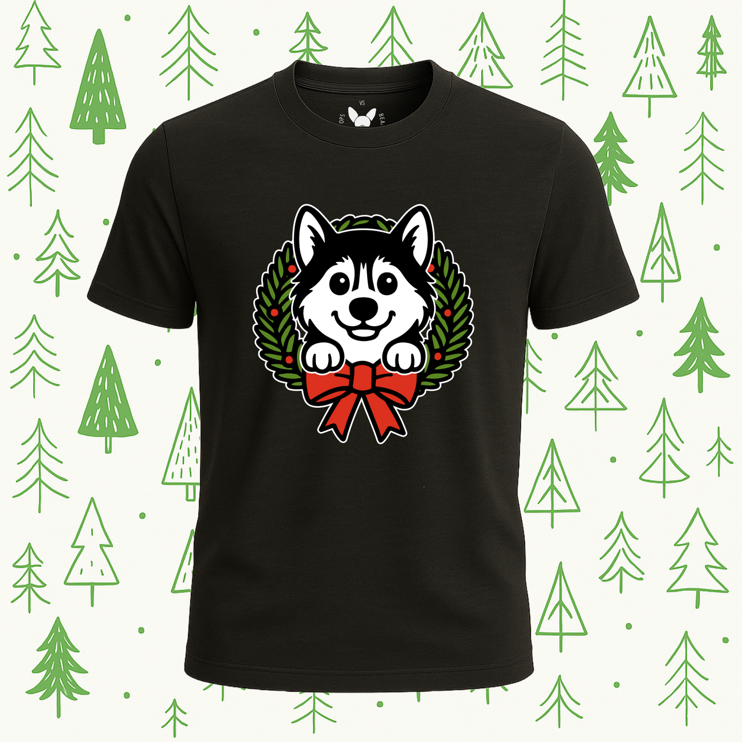 Siberian Husky Holiday Wreath Tee - Feature Print