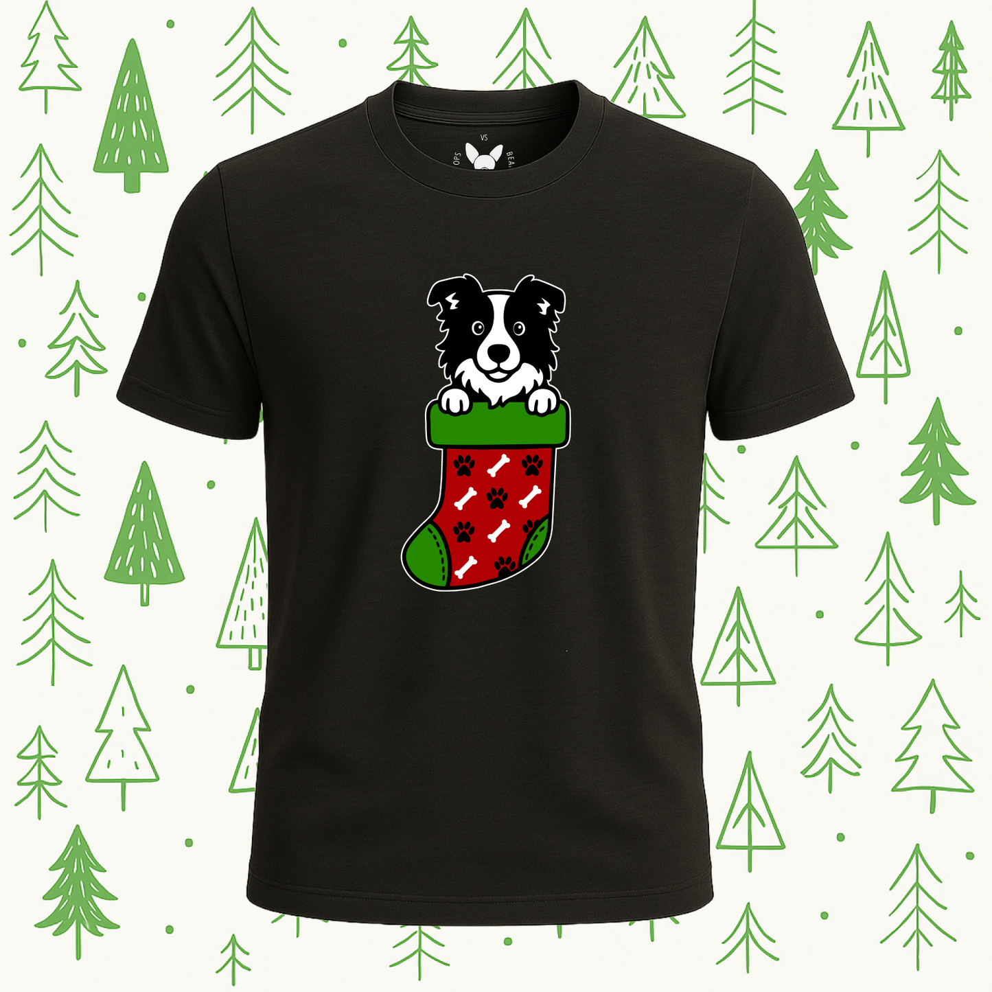 Border Collie Christmas Stocking Tee - Feature Print