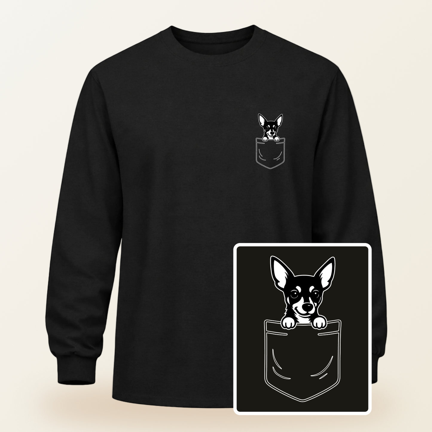 Miniature Pinscher (Min Pin) Pocket-Print Long Sleeve Tee