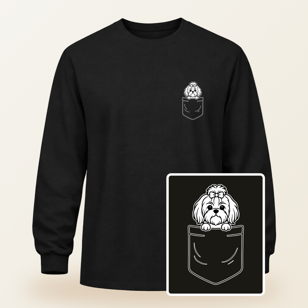 Shih Tzu (Top Knot) Pocket-Print Long Sleeve Tee