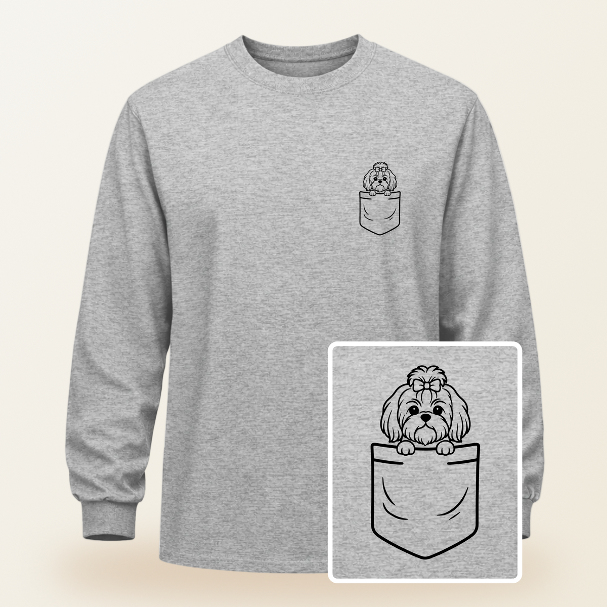 Shih Tzu (Top Knot) Pocket-Print Long Sleeve Tee