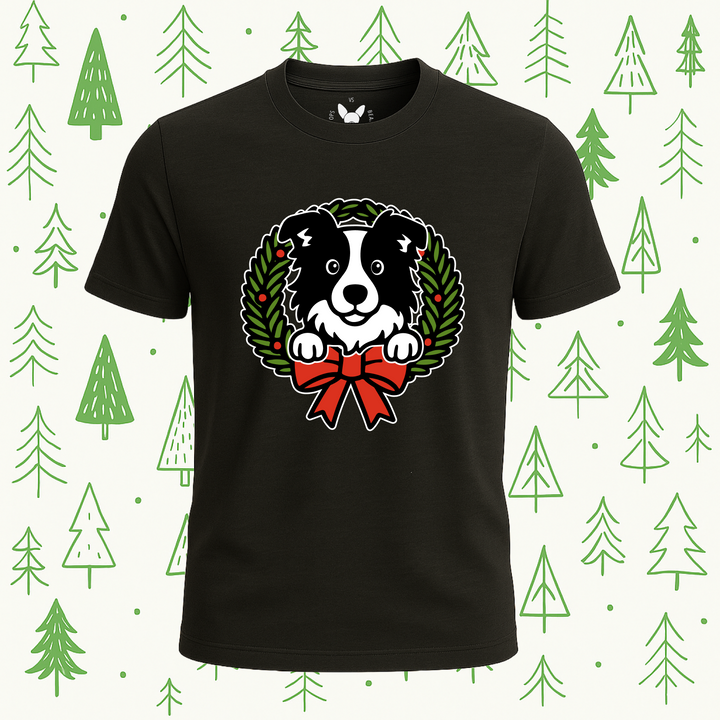 Border Collie Holiday Wreath Tee - Feature Print