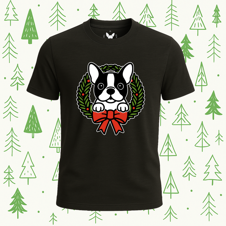 Boston Terrier Holiday Wreath Tee - Feature Print