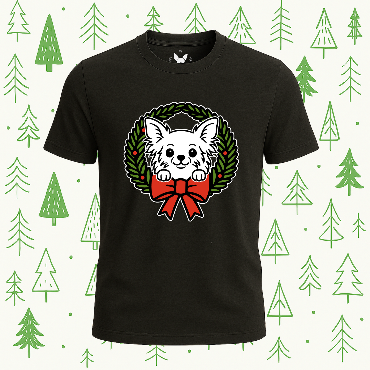 Long Haired Chihuahua Holiday Wreath Tee - Feature Print