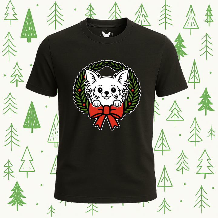 Long Haired Chihuahua Holiday Wreath Tee - Feature Print