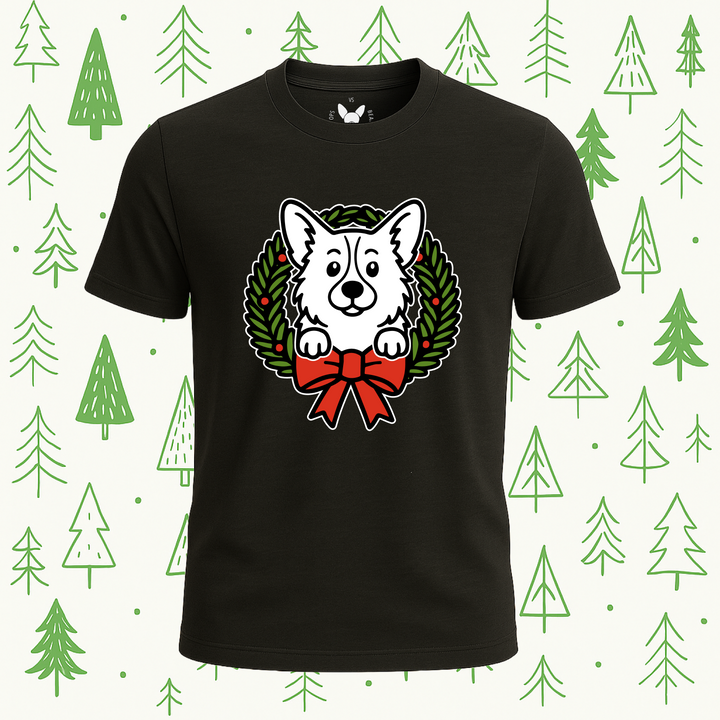 Pembroke Welsh Corgi Holiday Wreath Tee - Feature Print