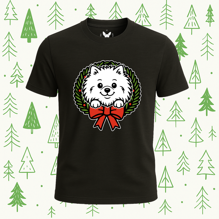 Pomeranian Holiday Wreath Tee - Feature Print