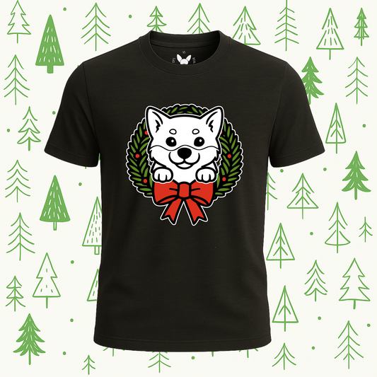 Shiba Inu Holiday Wreath Tee - Feature Print