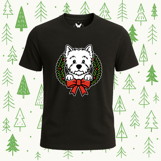 West Highland Terrier (Westie) Holiday Wreath Tee - Feature Print