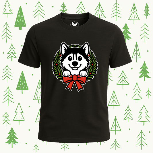 Siberian Husky Holiday Wreath Tee - Feature Print