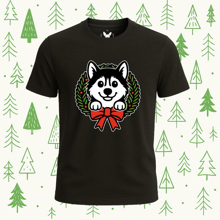 Siberian Husky Holiday Wreath Tee - Feature Print