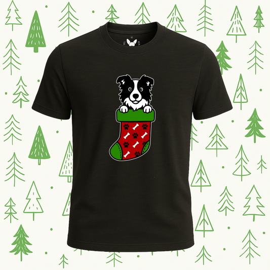 Border Collie Christmas Stocking Tee - Feature Print