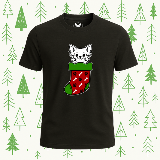 Long Haired Chihuahua Christmas Stocking Tee - Feature Print