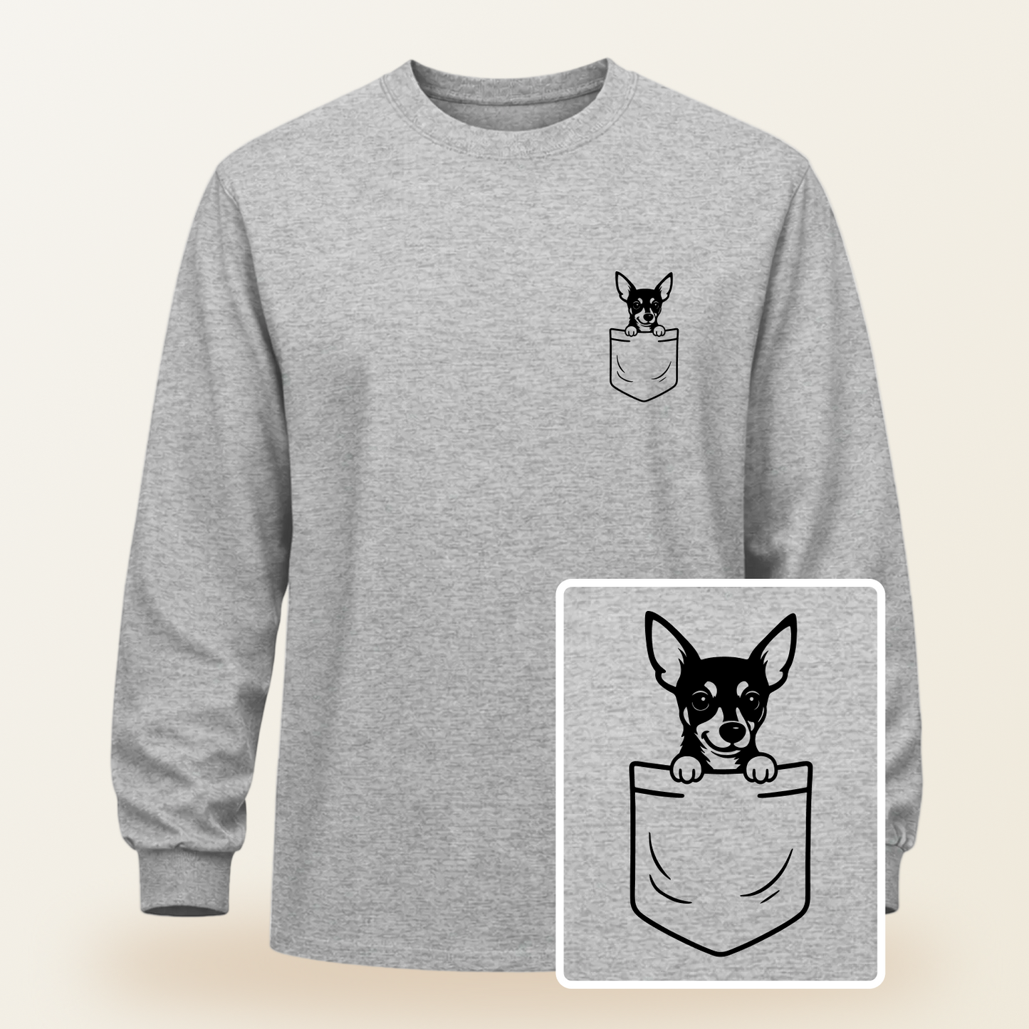 Miniature Pinscher (Min Pin) Pocket-Print Long Sleeve Tee