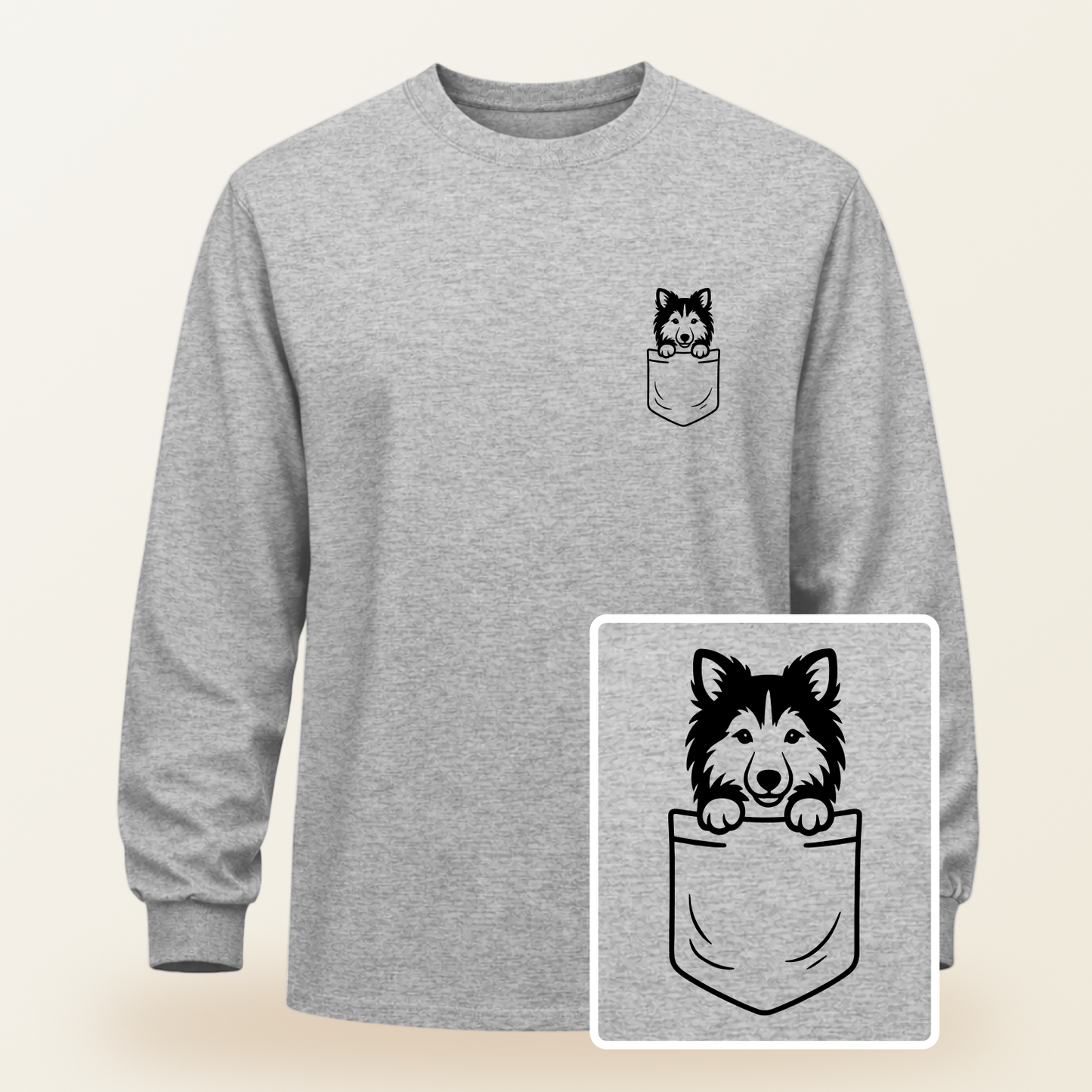 Shetland Sheepdog (Sheltie) Pocket-Print Long Sleeve Tee