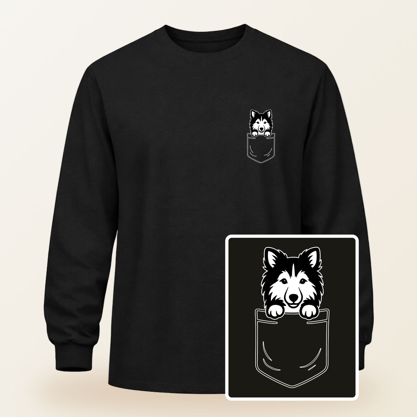 Shetland Sheepdog (Sheltie) Pocket-Print Long Sleeve Tee