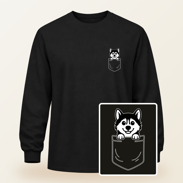 Siberian Husky Pocket-Print Long Sleeve Tee