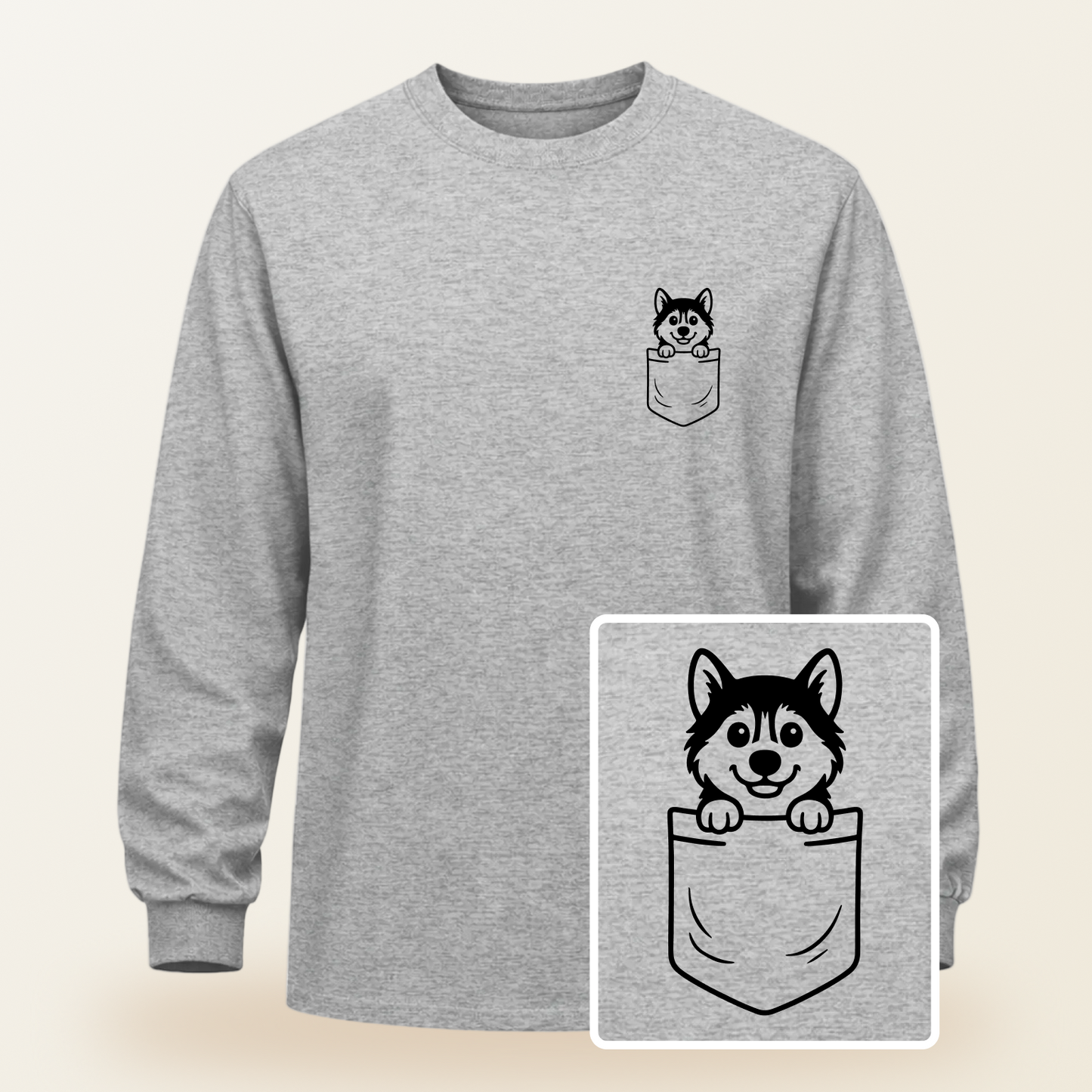 Siberian Husky Pocket-Print Long Sleeve Tee