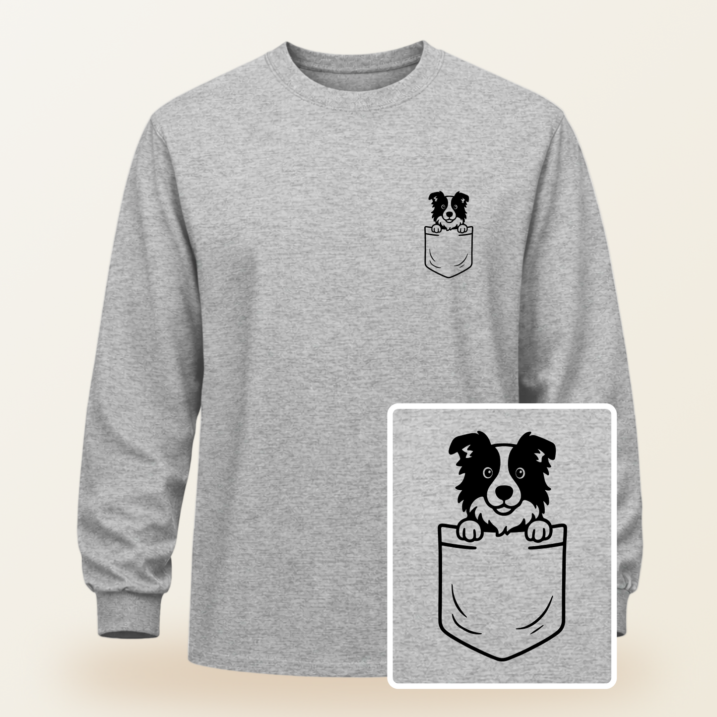 Border Collie Pocket-Print Long Sleeve Tee