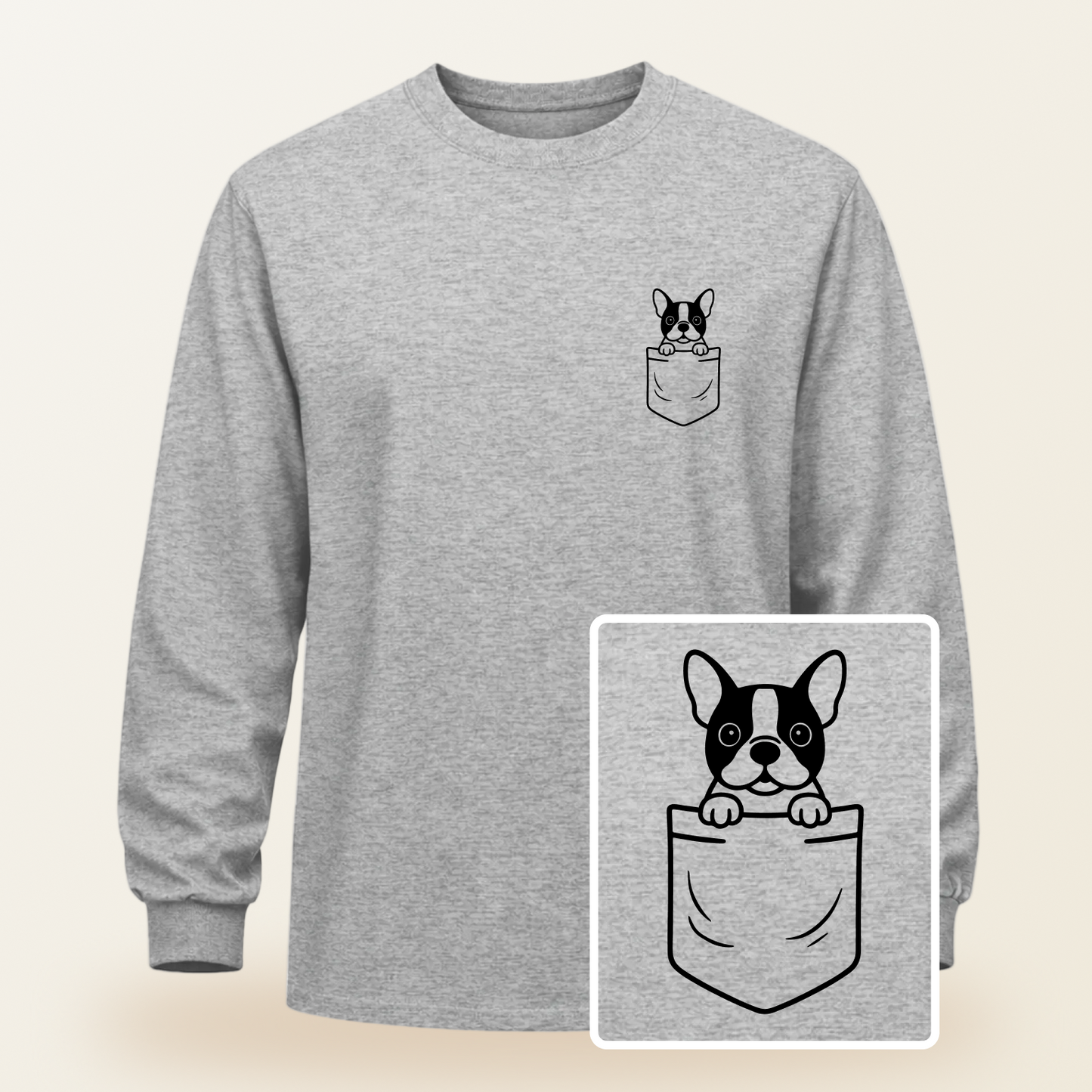 Boston Terrier Pocket-Print Long Sleeve Tee