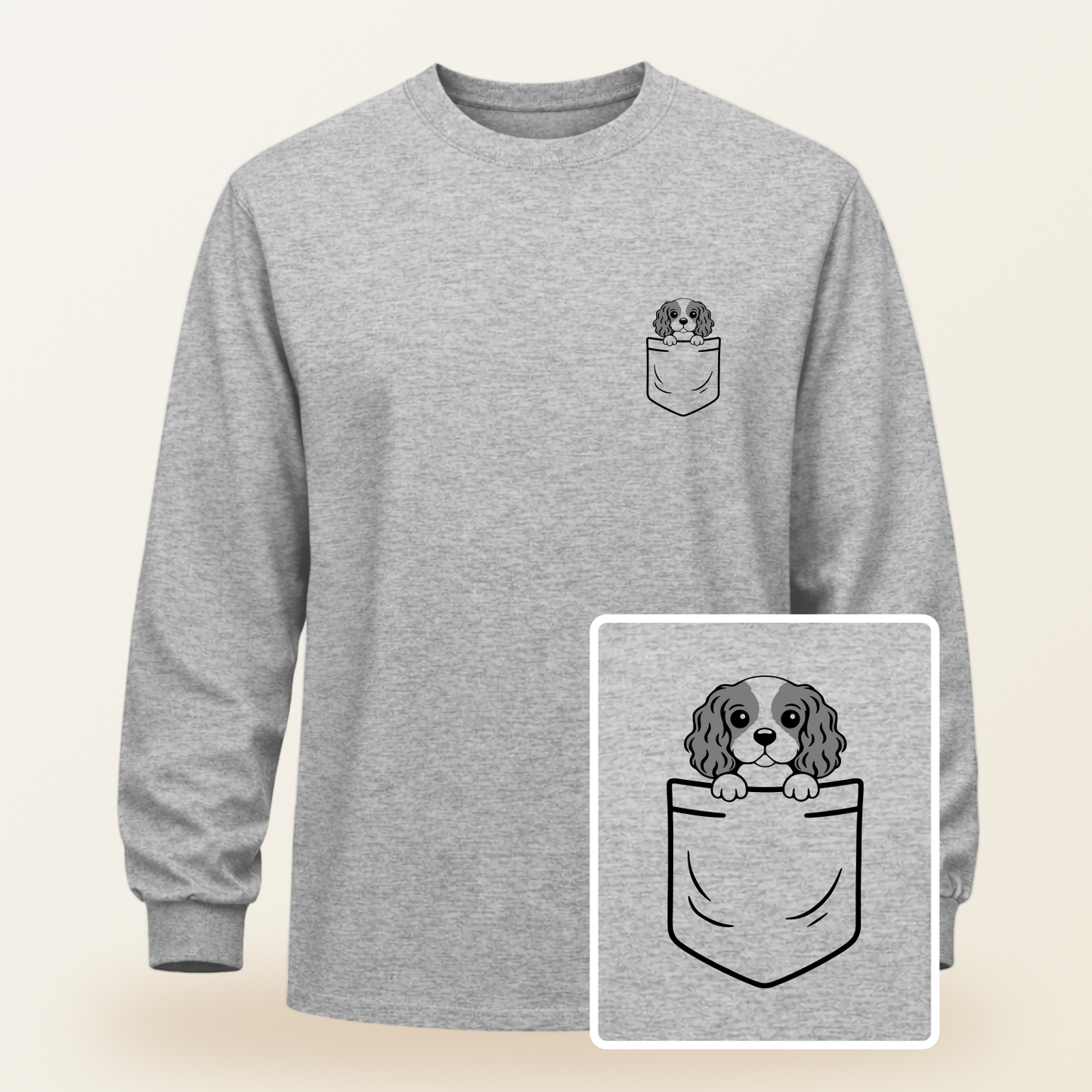 Cavalier King Charles Spaniel Pocket-Print Long Sleeve Tee