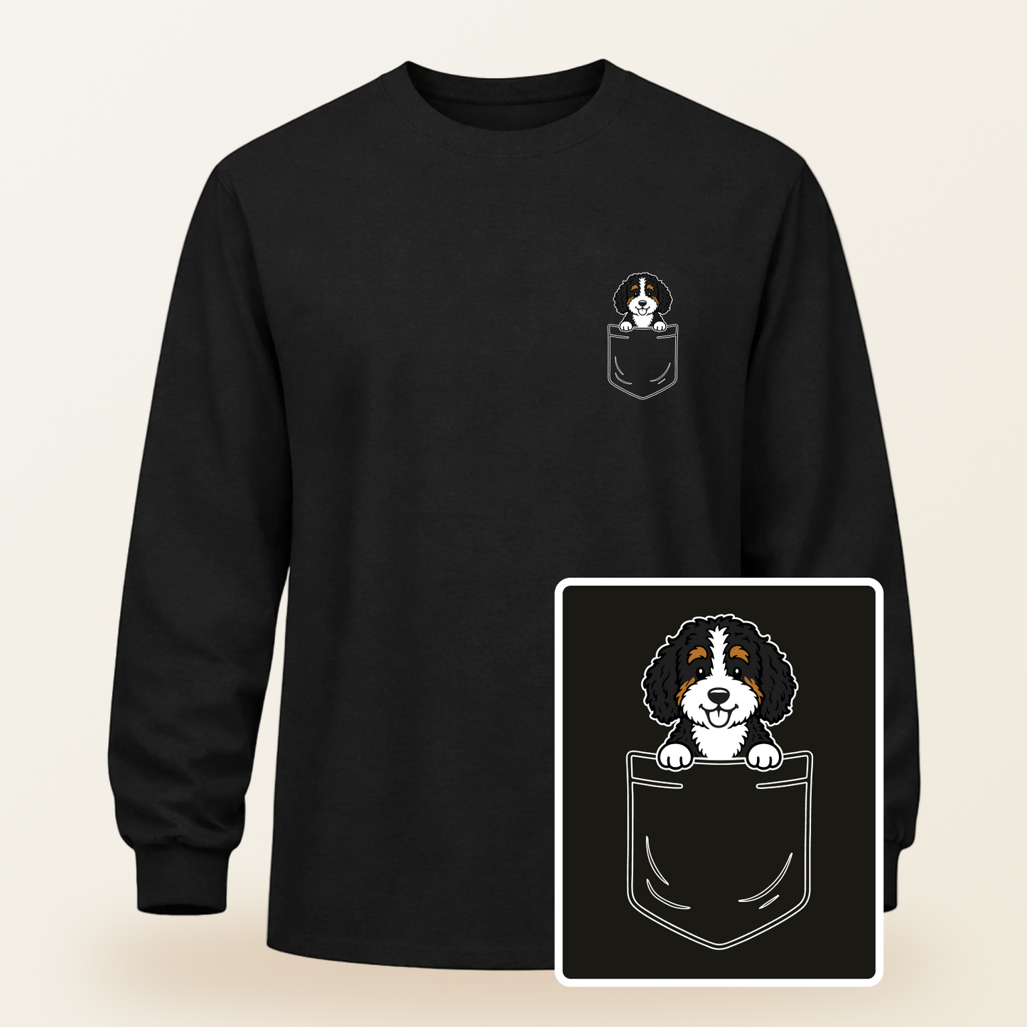 Bernedoodle Pocket-Print Long Sleeve Tee
